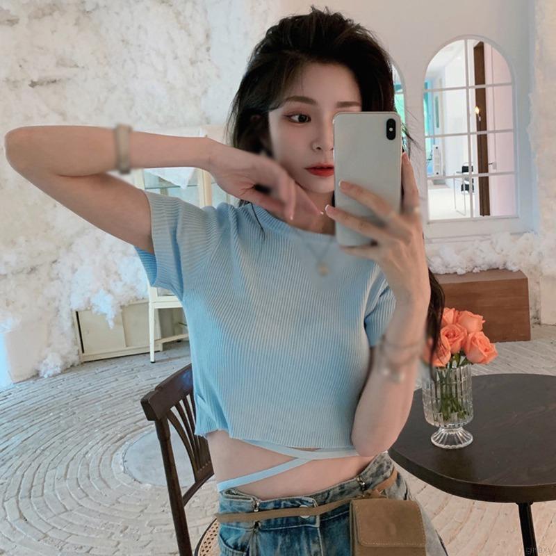 Áo Croptop Dệt Kim Tay Ngắn Cổ Tròn Màu Sắc Đơn Giản Phong Cách Hàn Quốc
