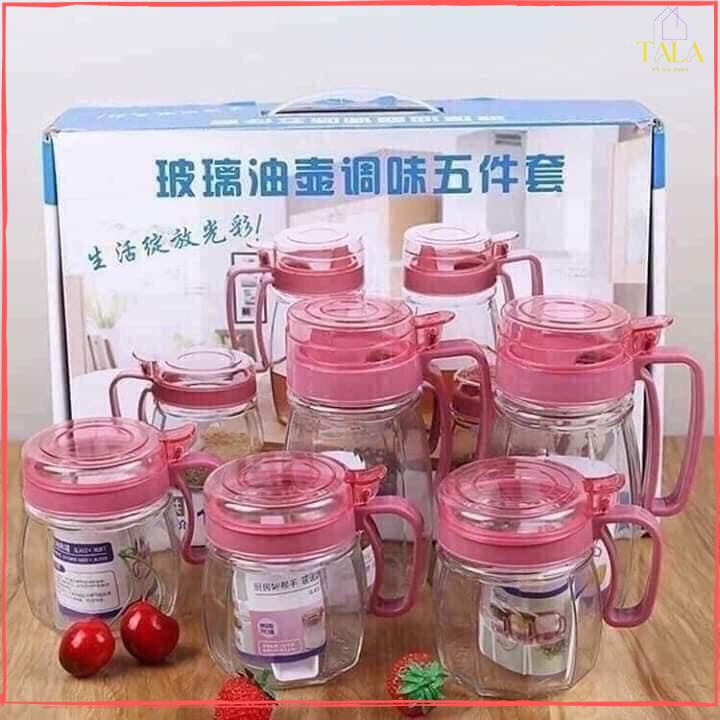 Bộ 5 Lọ Thủy Tinh Đựng Gia Vị Cao Cấp Nắp Hồng