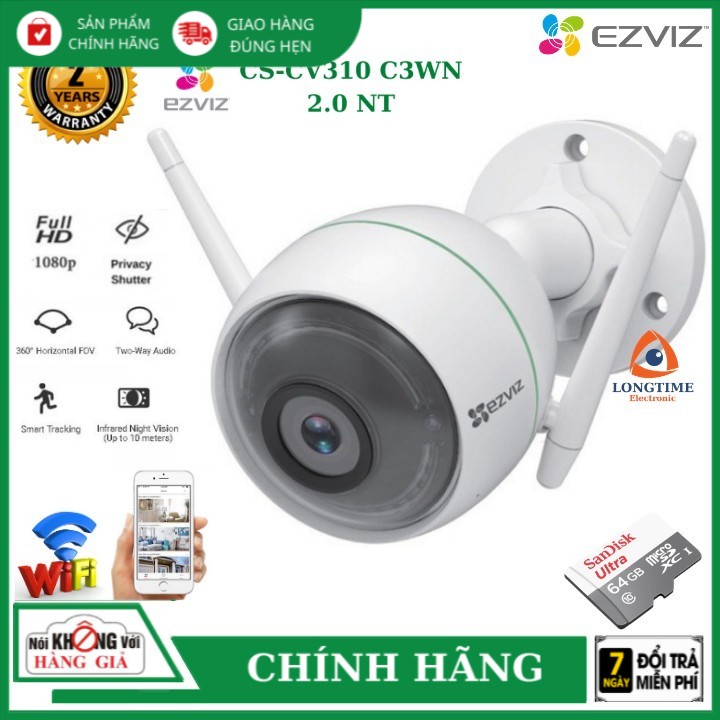 Camera Wifi , Camera Ezviz ngoài trời 2 râu CS-CV310 C3WN 2.0 NT , chống nước tuyệt đối , phát hiện chuyển động