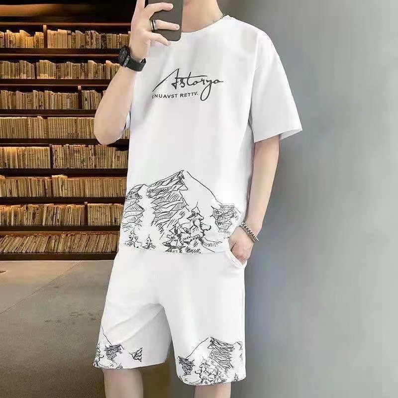 Bộ Đồ Thể Thao Áo Thun Cổ Thuyền Dáng Rộng In Họa Tiết Kiểu Hip-Hop Đường Phố Hàn Quốc Thời Trang Mùa Hè Cho Nam Cỡ M-5XL