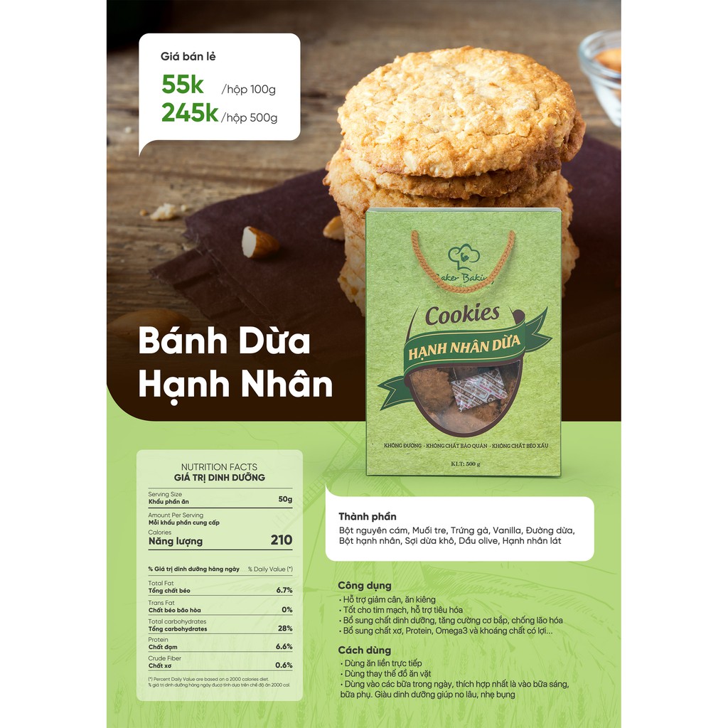 Bánh Cookies Hạnh nhân dừa BakerBaking - Healthy Eatclean 100g