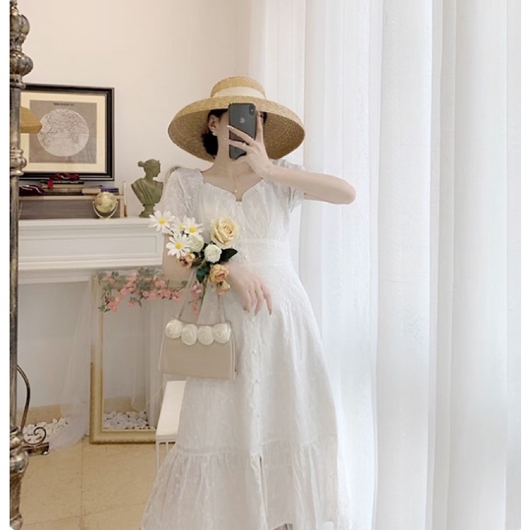 SALE SỐC Váy dài trễ vai xinh xắn chụp kỷ yếu, Váy trắng tiểu thư đuôi cá vintage đi biển, đi chơi