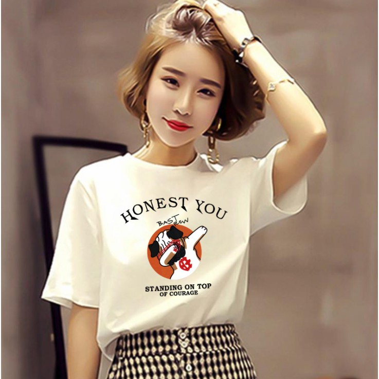 Áo thun nữ co giản 4 chiều tay ngắn cổ tròn in hình dễ thương theo mẫu AT06
