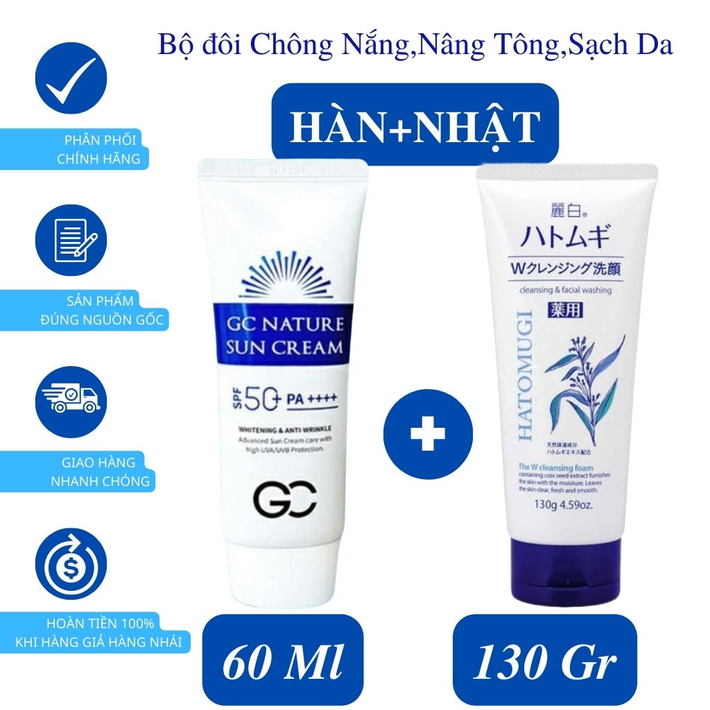 Kem Chống Nắng GC Nature Sun Cream SPF 50 PA++++ Hàn Quốc-Sữa Rửa Mặt Ý Dĩ Hatomugi 130gr Nhật Bản.