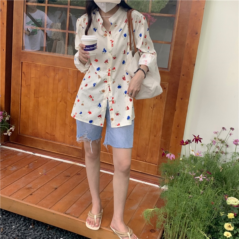 SUXI Áo Kiểu Tay Dài Hoạ Tiết Hoa Phong Cách Hàn Quốc Dành Cho Nữ