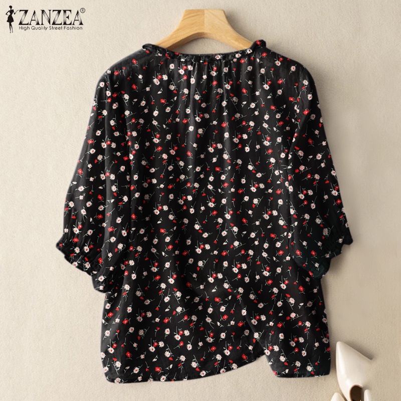 Áo kiểu ZANZEA tay lửng cổ tròn in họa tiết hoa phong cách vintage xinh xắn cho nữ