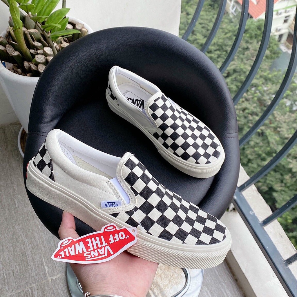 🔝 Giày Nam Nữ Không Dây Vans Classic Slip On, Giày Lười Vans Caro Đen Trắng Full Box Bill G07