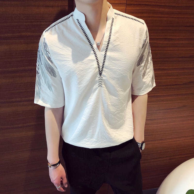 Áo Sơ Mi Nam Tay Lỡ Cổ Chữ V Thời Trang Hàn