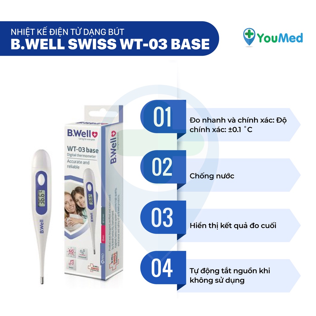 Nhiệt kế điện tử B.well Swiss WT-03 base dạng bút. Thiết kế nhỏ gọn với độ chính xác cao, theo dõi sức khỏe gia đình