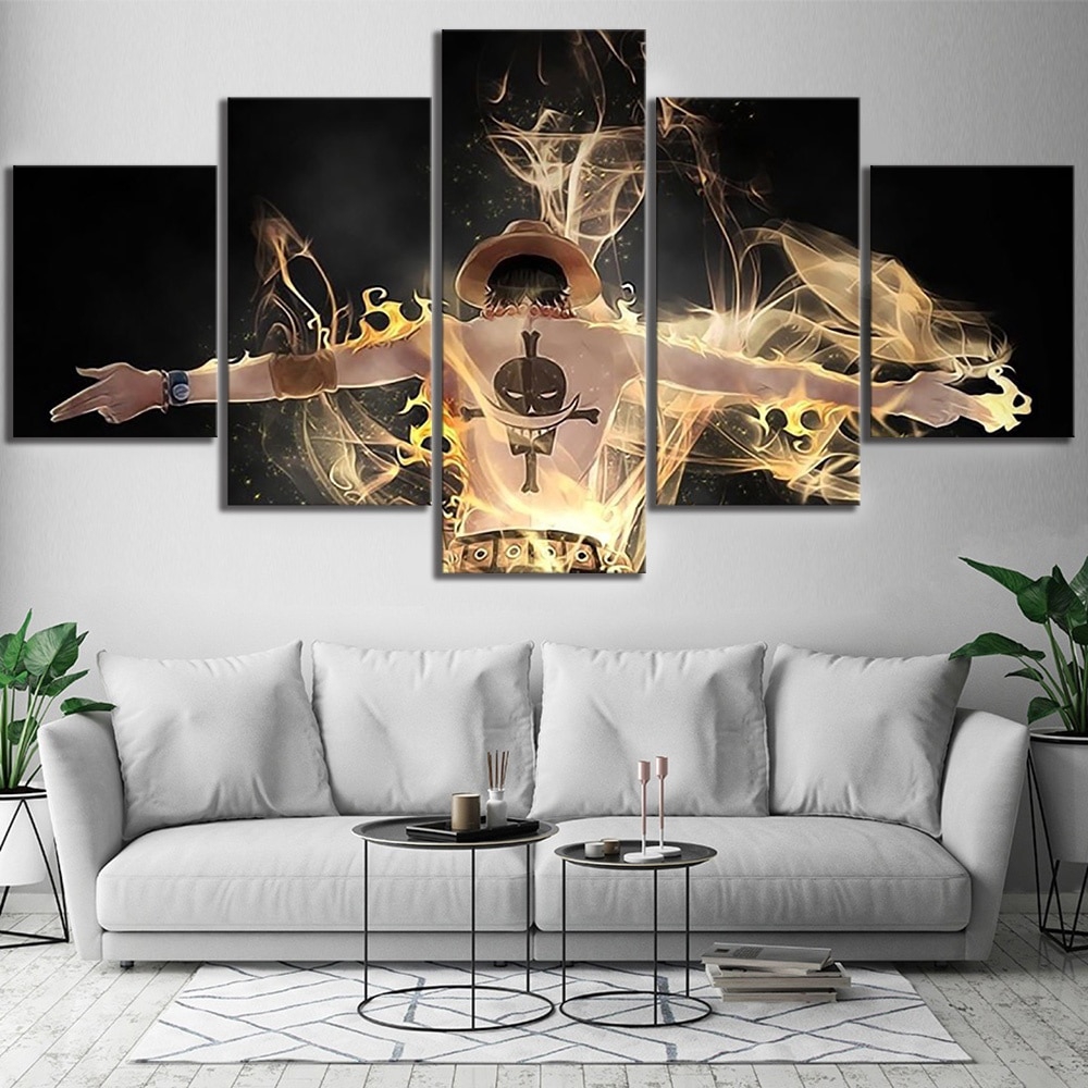 Bộ 5 Tranh Treo Tường Vải canvas In Hoạt Hình one piece portgas D. Ace # 8
