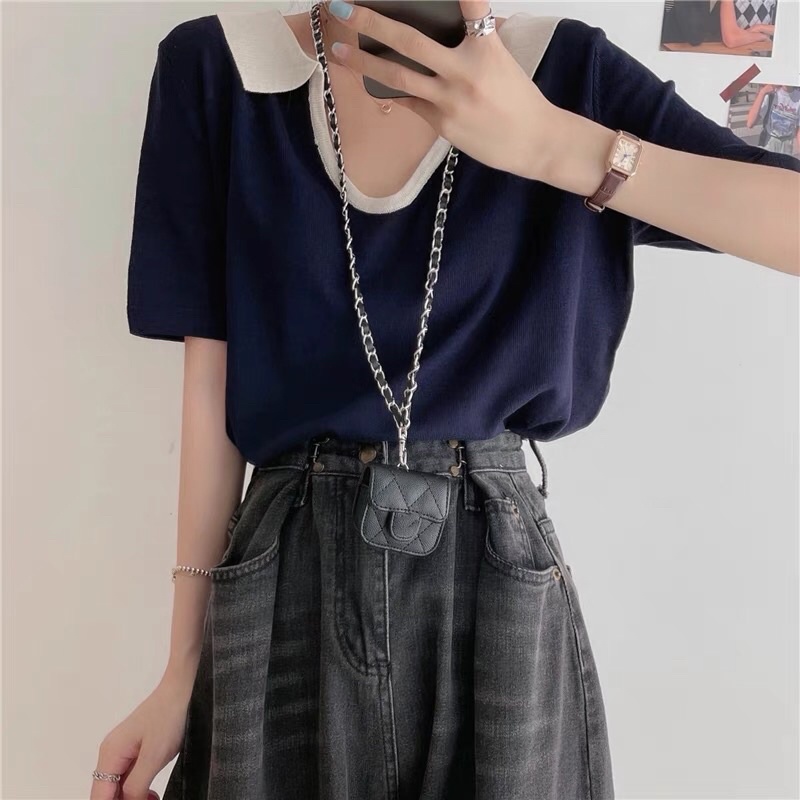 Áo dệt kim ngắn tay cổ V thời trang mùa hè Hàn Quốc đáng yêu cho nữ