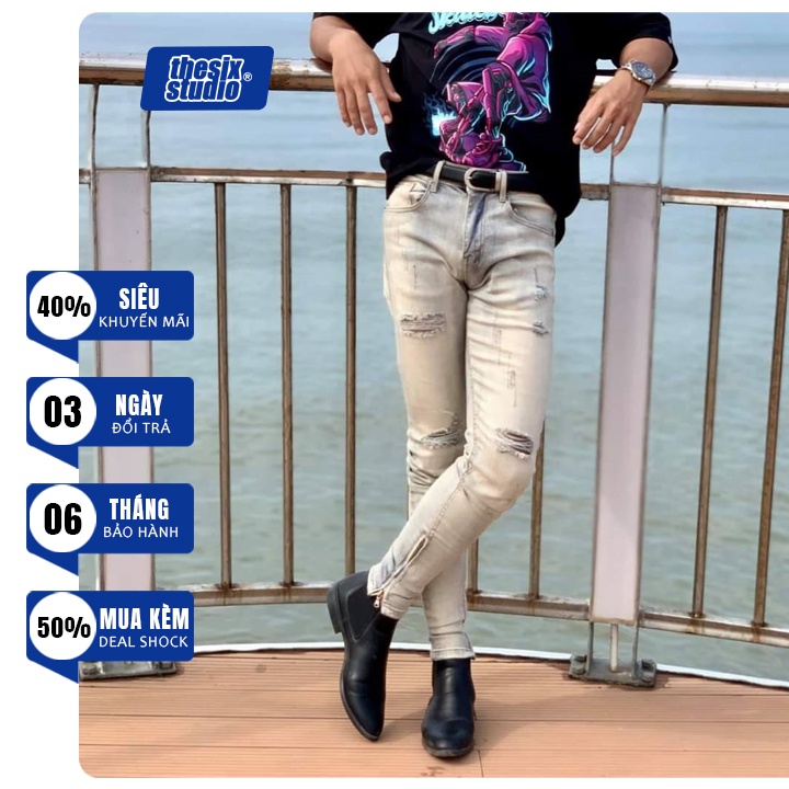 Quần jean nam zipper Quần jean nam rách gối Form Skinny Thesix Studio | BigBuy360 - bigbuy360.vn