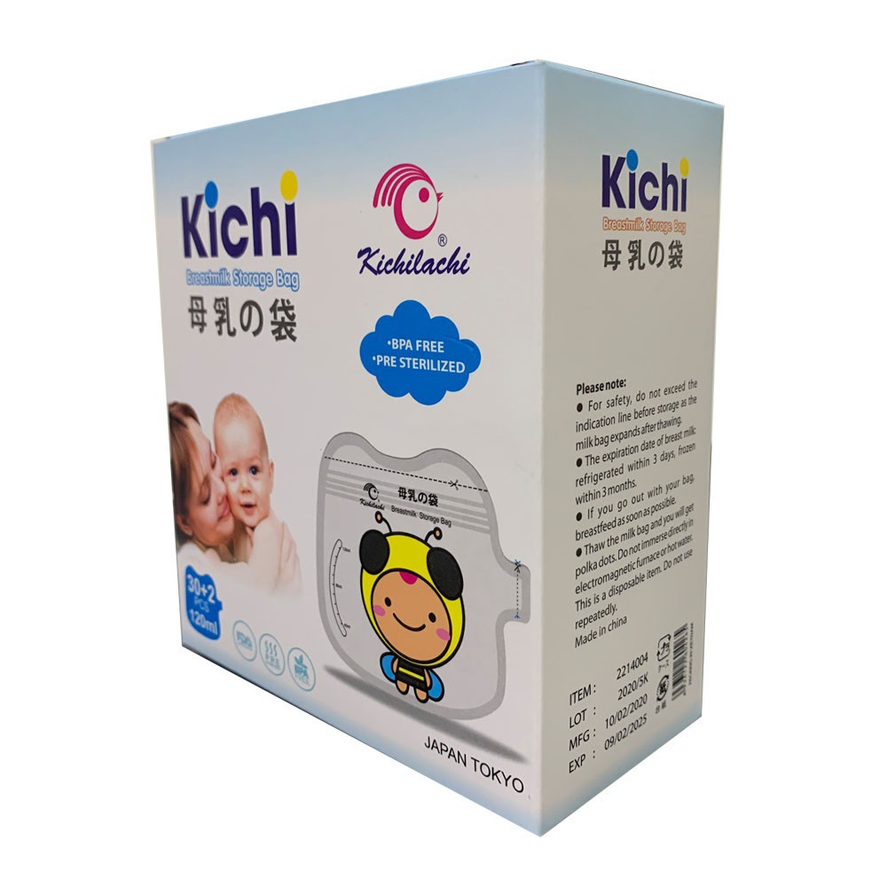 Hộp 32 túi trữ sữa 120ml không BPA, không mùi &amp; 2 khóa zip an toàn cho Bé Kichilachi (Hình con ong dễ thương)