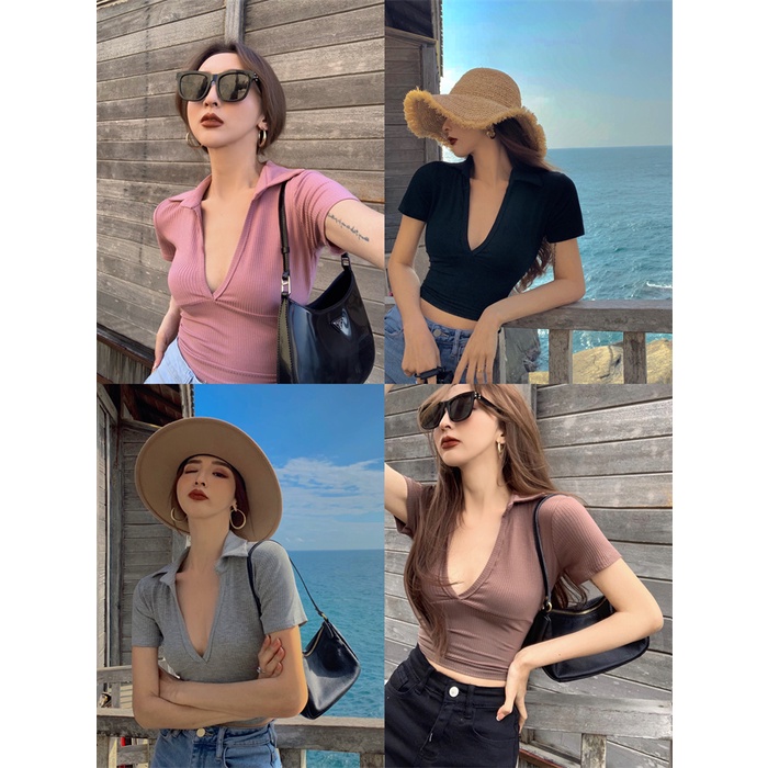 QKOOLE Áo thun lửng  tay ngắn cổ bẻ chữ V thời trang cho nữ