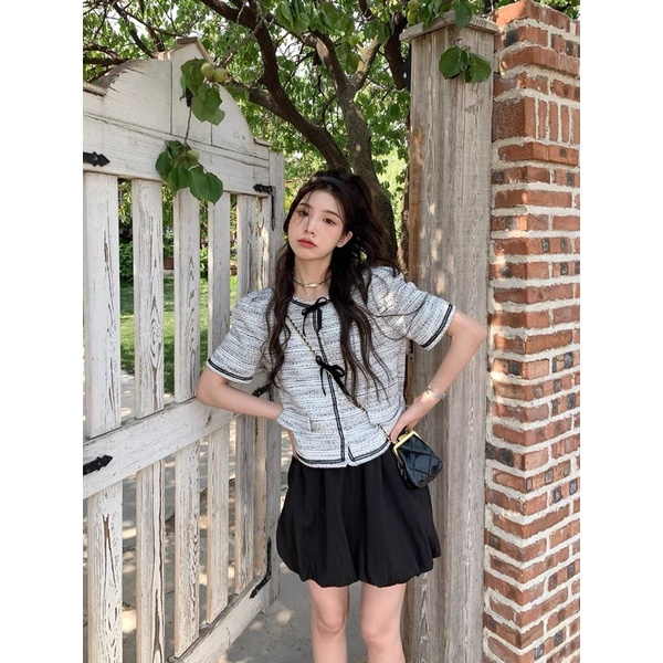 Sét Áo Dạ Xám Tiêu 2 Nơ Mix Chân Váy Phồng