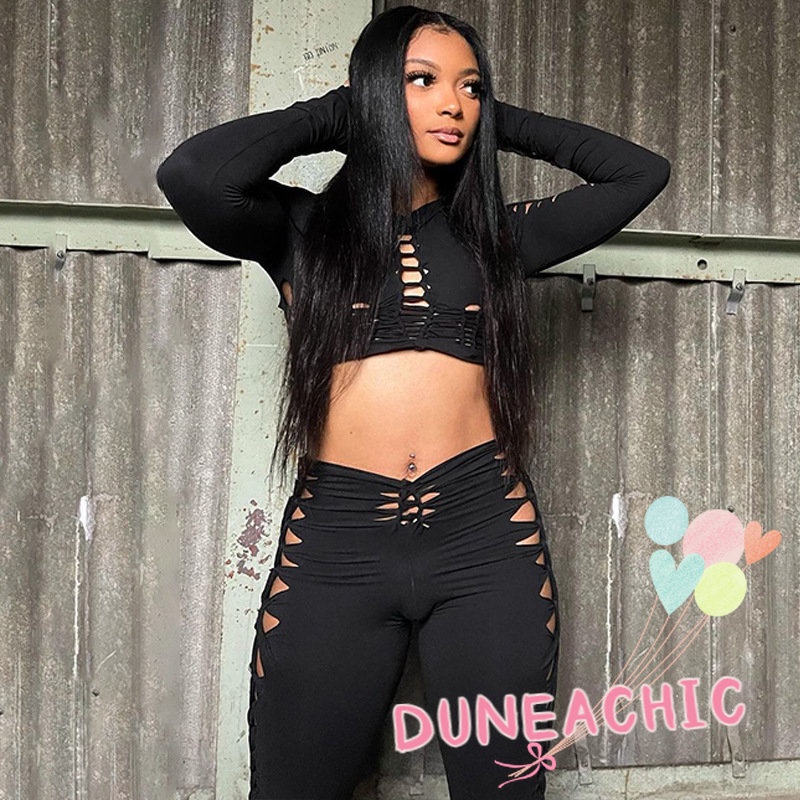 DUNEA Set Áo Thun Tay Dài 2 Dây + Quần Dài Lưng Cao Thiết Kế Quyến Rũ Cho Phái Nữ