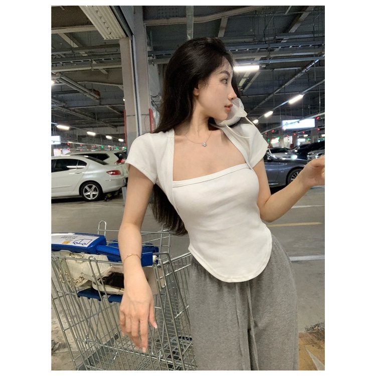 Áo Thun cotton Tay Ngắn Cổ Vuông Màu Sắc Đơn Giản Trẻ Trung Dành Cho Nữ