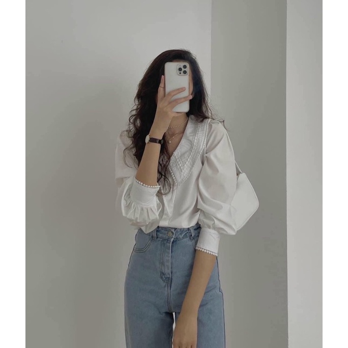 Áo sơ mi trắng nữ tay dài công sở phối ren buộc nơ phong cách babydoll Hàn Quốc Maitrangshop92 (TTA101)