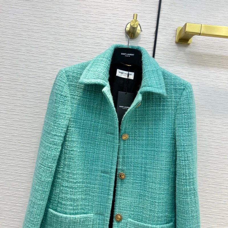 Áo khoác dạ nữ cổ sơ mi hai túi trước thương hiệu YSL cao cấp