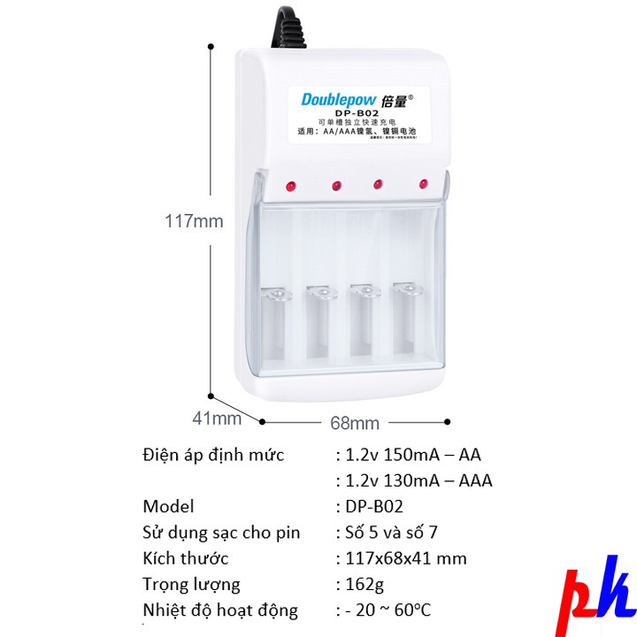 Combo 4 pin AA kèm sạc hãng Doublepow giá siêu tốt, bảo hành 1 tháng Pin mic không dây, camera, pin điều khiển