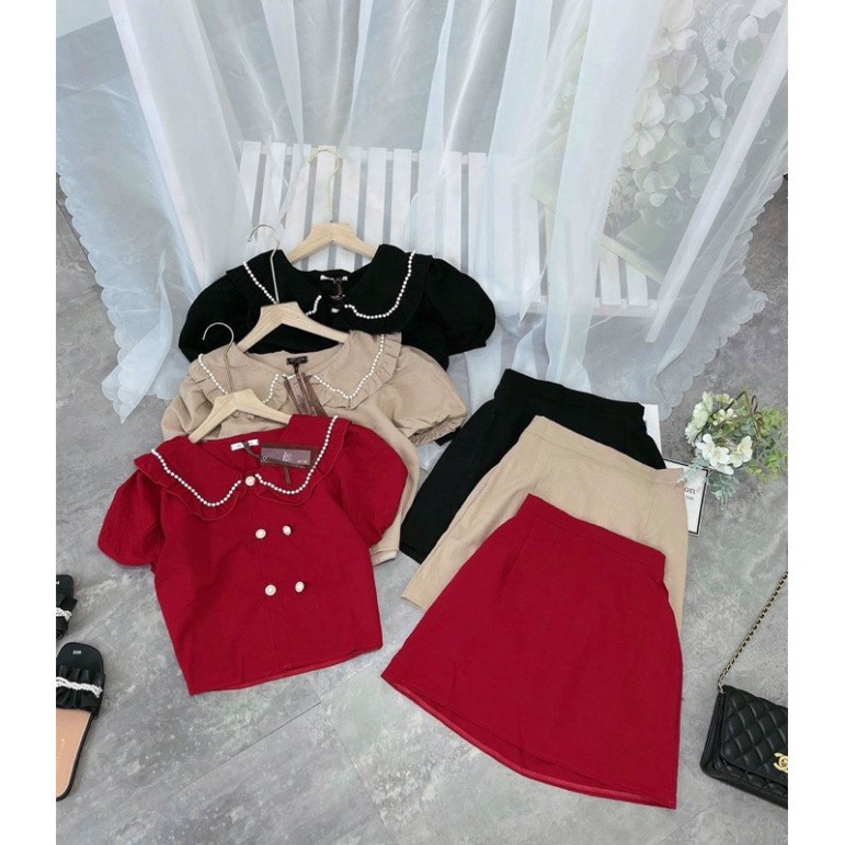 SET ÁO SƠ MI CỔ BÈO ĐÍNH CÚC NGỌC MIX CHÂN VÁY CHỮ A 3 MÀU CỰC XINH (Ảnh th