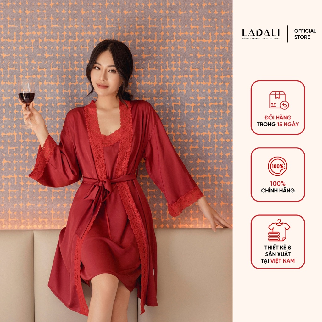 Áo Choàng Ngủ Phi Bóng Kiểu Kimono Màu Đỏ Phối Ren Quyến Rũ Hàng Thiết Kế Ladali