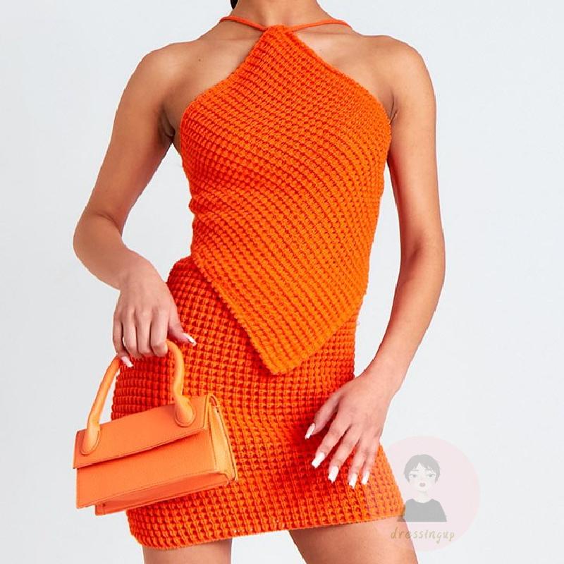 DRE-Women´s Two-Piece Outfits, Solid Color Sleeveless Halterneck Irregular Hem Tank Tops + High Waist Package Hip Skirt