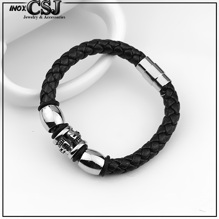 vòng tay da xịn khóa inox vip kiểu đầu lâu siêu ngầu - 03 mẫu