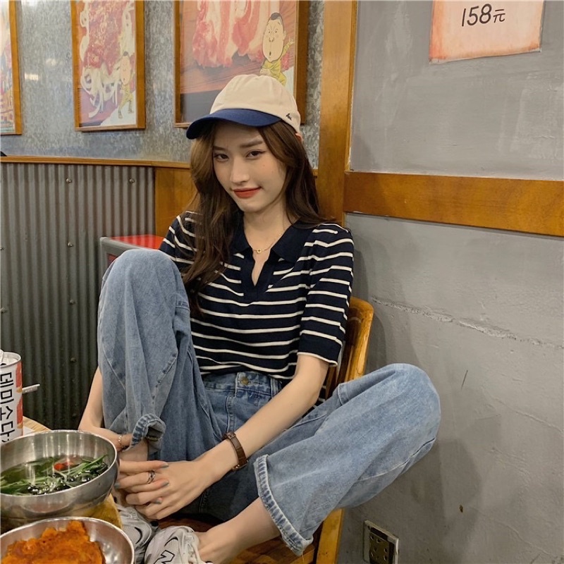 Áo Dệt Kim Thun Ngắn Tay Dáng Rộng Kẻ Ngang Kiểu Hàn Quốc Thời Trang Mùa Hè Cho Nữ, Áo Polo Chất Len 5969