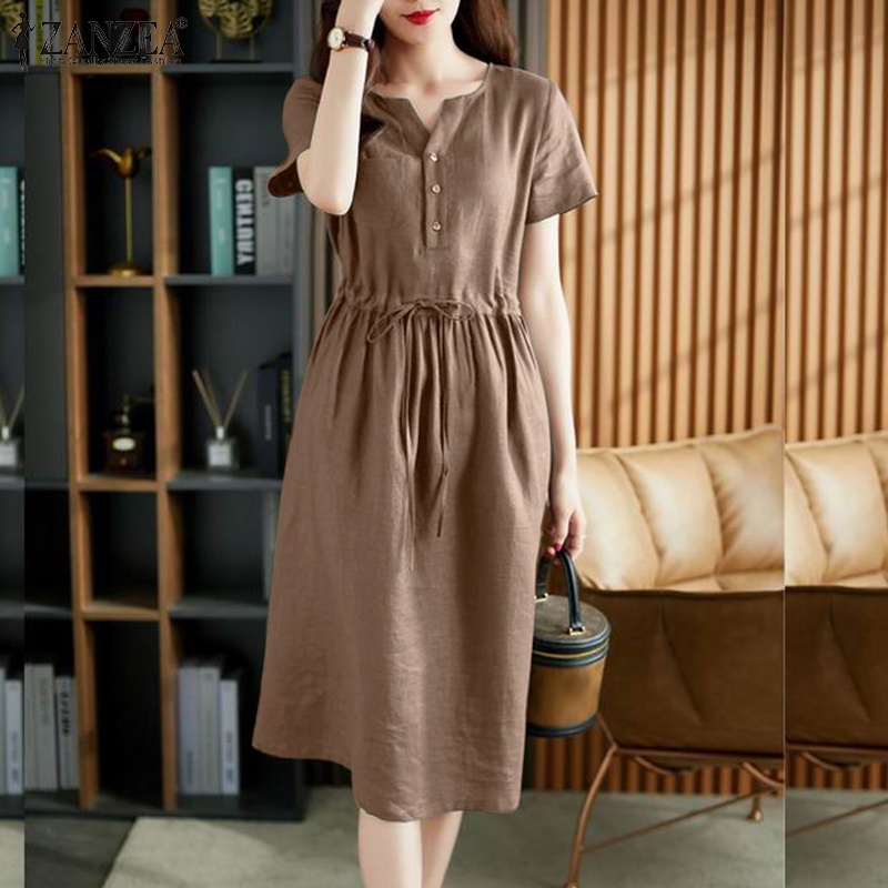 Đầm dài ZANZEA tay ngắn cài nút phía trước eo dây rút sành điệu cho nữ