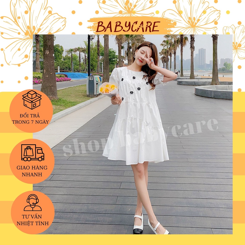 VÁY BẦU DỰ TIỆC DÁNG XUÔNG-ĐẦM BẦU ĐẸP MÀU TRẮNG PHỐI HOA NHÍ XINH XẮN