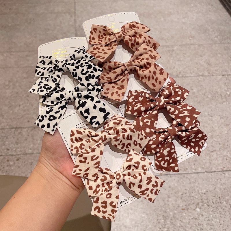 Set 2 Kẹp Tóc Ruy Băng Họa Tiết Da Báo Phong Cách Hàn Quốc Dễ Thương Dành Cho Nữ