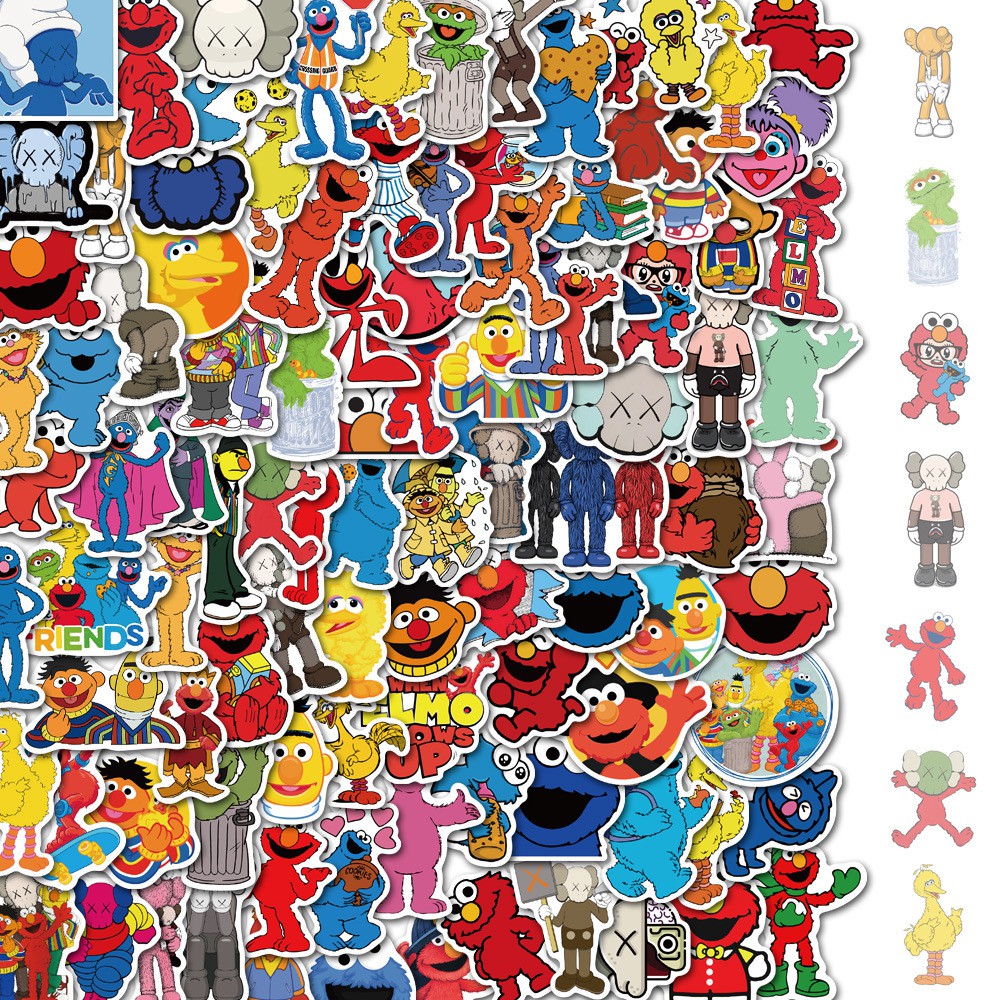 Set 100 miếng dán chống thấm nước họa tiết hoạt hình Sesame Street × Kaws dễ thương