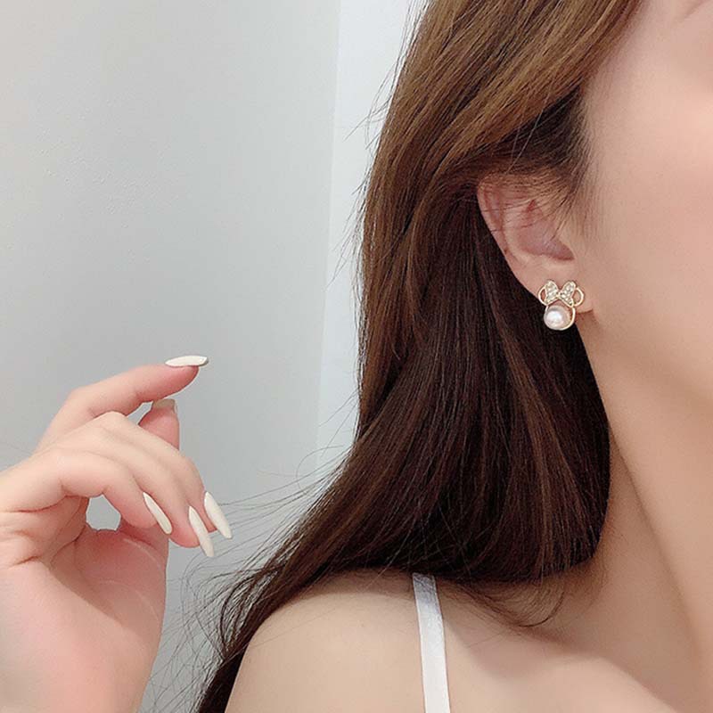 Khuyên Tai Hình Nơ Đính Đá Pha Lê Nhân Tạo Phong Cách Thời Trang Hàn Quốc