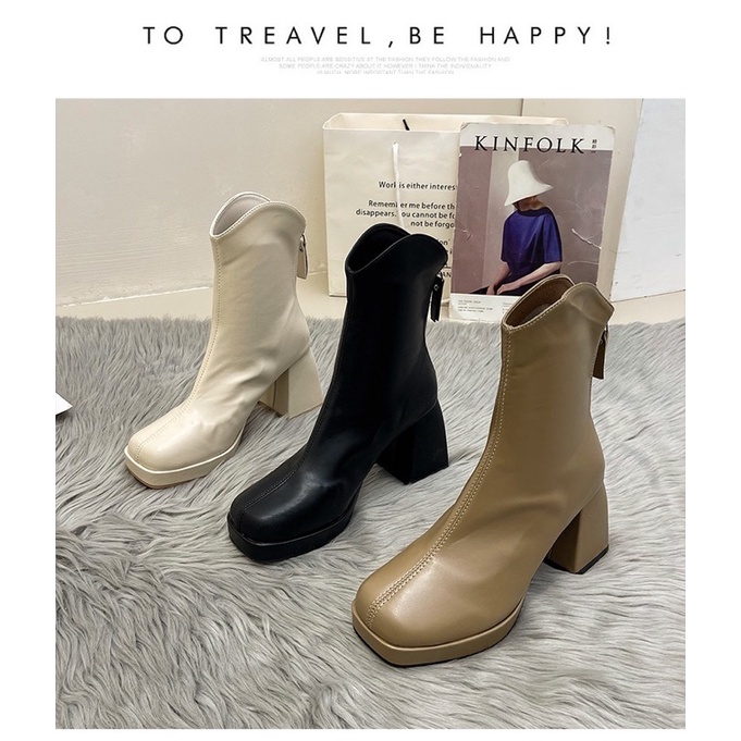 Boots nữ cổ V ngắn da mềm ôm chân đế vuông cao 9cm có khoá kéo