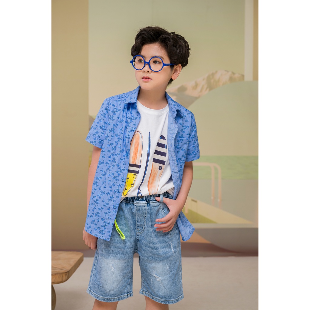 Áo sơ mi JOOKYLI bé trai màu xanh họa tiết 16B0551