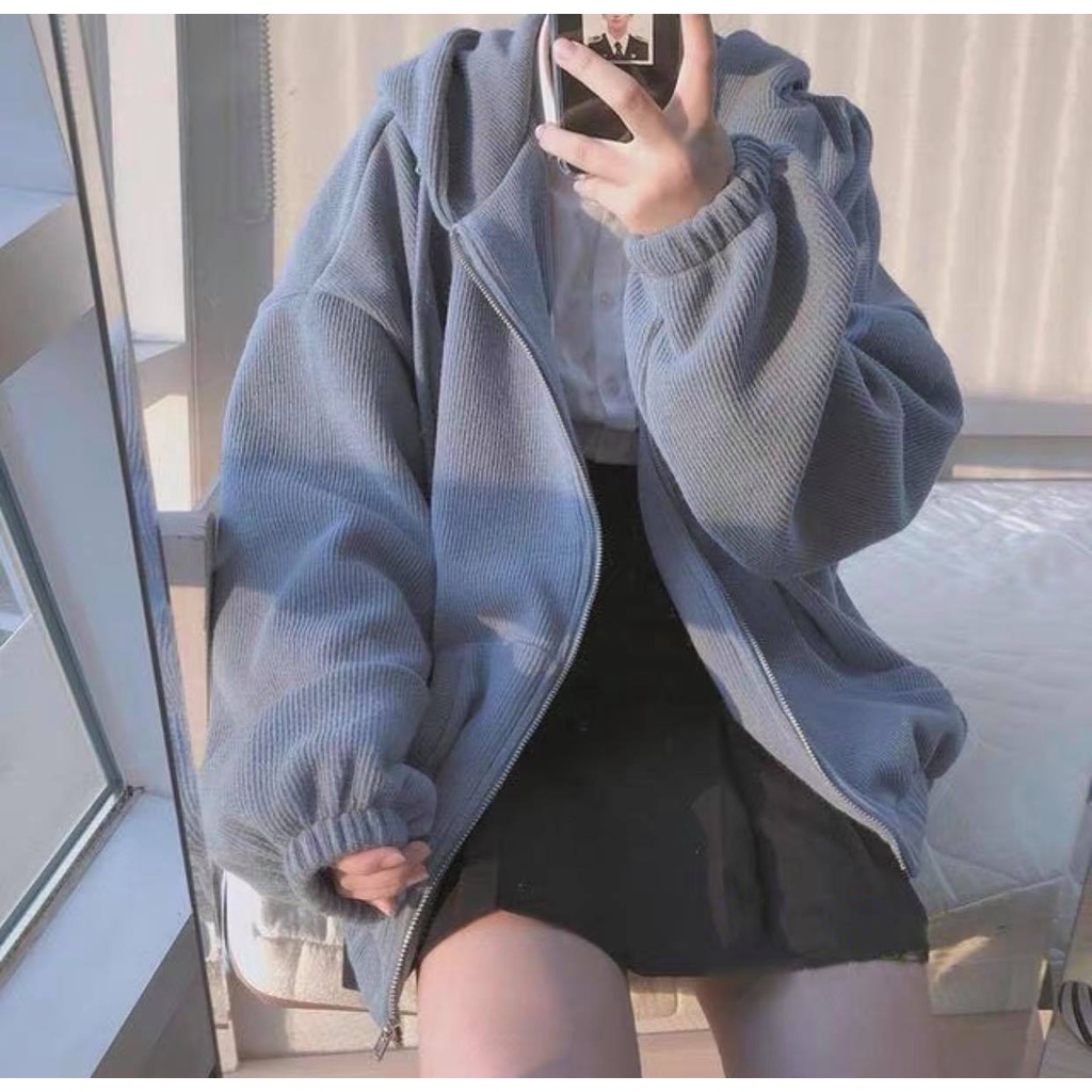 Áo Khoác Nỉ Nữ  Hoodie khóa form rộng tay thụng chất liêu nỉ bông siêu dày XANH XÁM cá tính phong cách Hàn