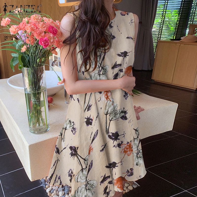 Đầm Zanzea ngắn không tay cổ tròn in họa tiết hoa phong cách Vintage Hàn Quốc dành cho nữ