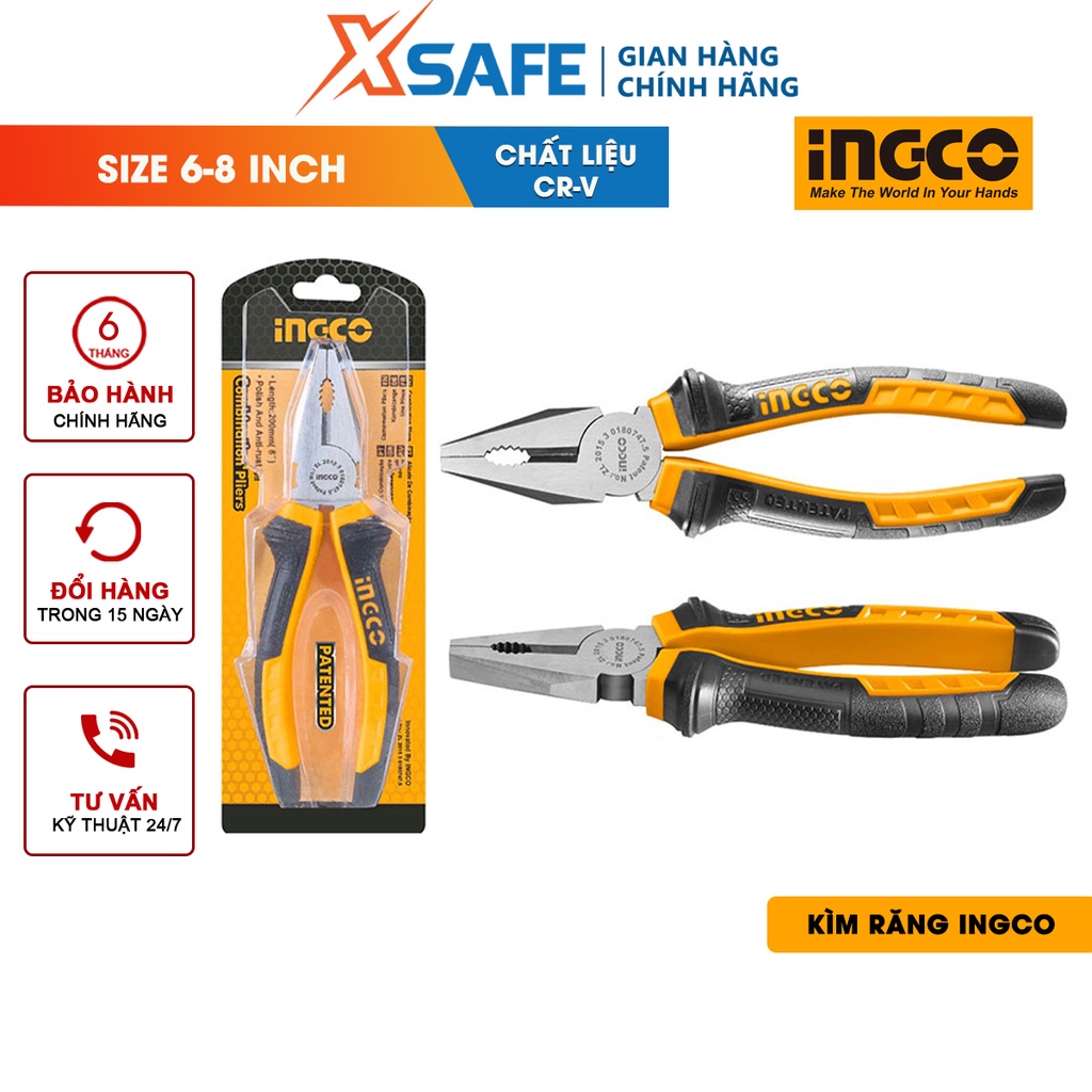 Kìm răng INGCO Kềm cắt công nghiệp 3 kích thước 6-7-8 inch, chất liệu thép CR-V, đen bóng, tay cầm hai màu