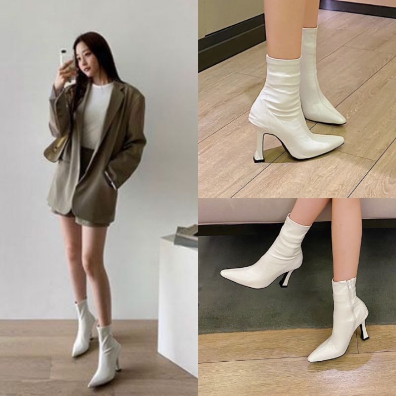 Giày boot cổ ngắn ôm chân đế 8cm màu trắng GBCN-30W