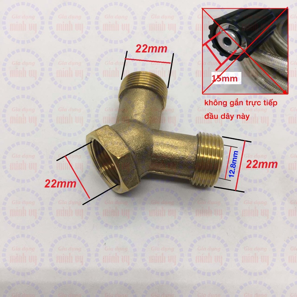 Đầu chia nước 2 đầu ngõ ra dùng cho máy rửa xe, máy phun xịt cao áp ren ngoài 22mmx1.5