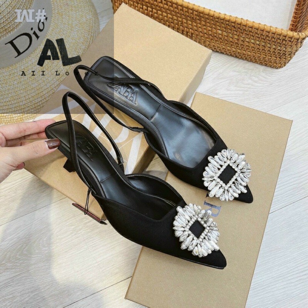 SỤC NỮ HIỆN ĐẠI ALI LOVER -  GUỐC NỮ MŨI NHỌN HỞ HẬU ĐÍNH ĐÁ - GIÀY THỜI TRANG QUAI THUN 3-4 PHÂN  - AG220806