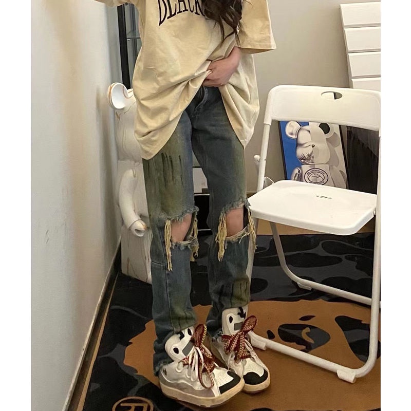 ◇┋✗Quần Jeans Dài Rách Gối Dáng Rộng Thời Trang Mùa Hè Phong Cách Hip Hop Đường Phố Cổ Điển Cho Nữ