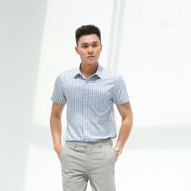 Áo sơ mi nam ngắn tay Santino, chất liệu sợi tre, hoạ tiết caro, dáng slim trẻ trung ASN495S601 | BigBuy360 - bigbuy360.vn