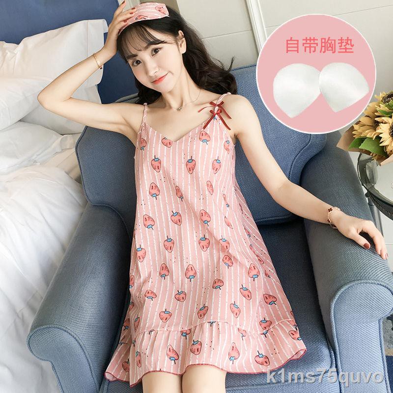 Sling nữ ngủ cotton mỏng Bộ đồ sexy sinh viên Hàn Quốc có miếng lót ngực, váy ban ngày, dịch vụ tại nhàE