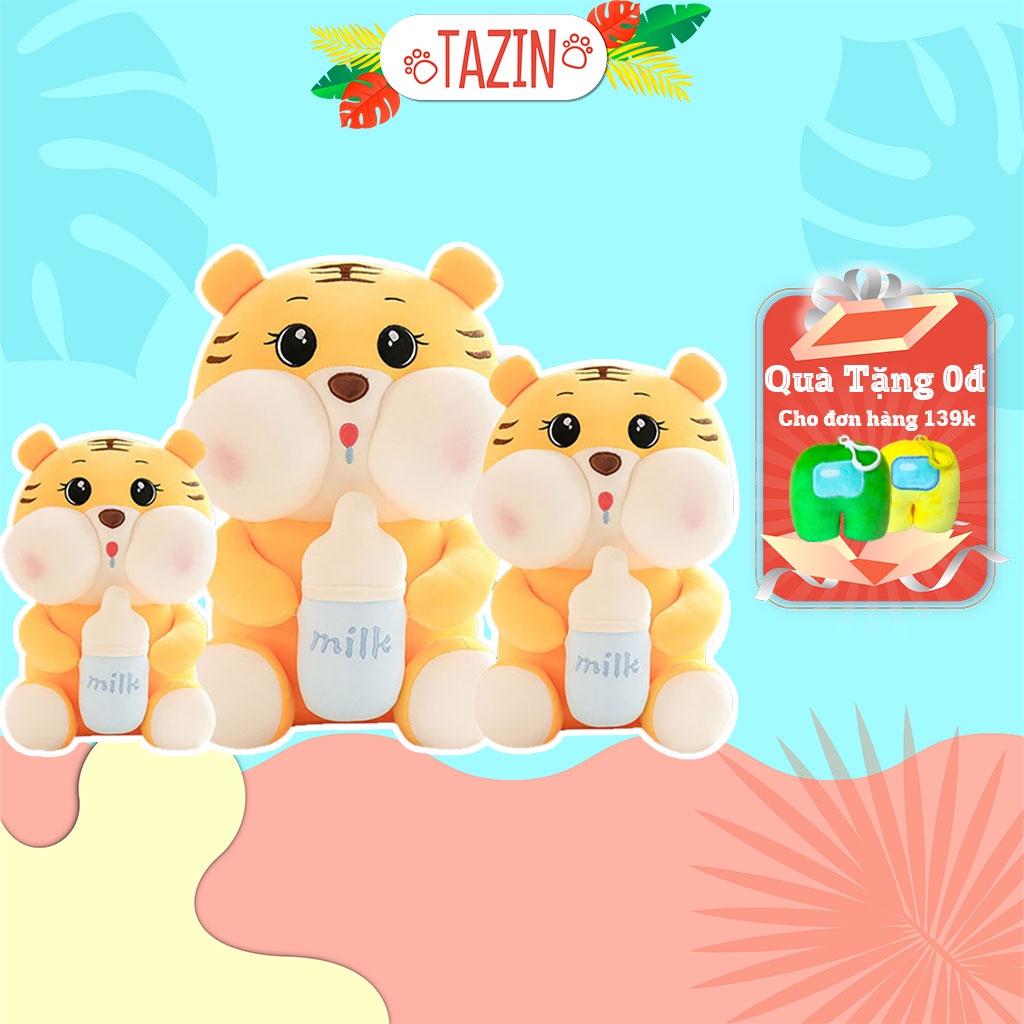 Gấu bông hổ ôm bình sữa, hổ bông ôm bình sữa mềm mịn cao cấp TAZIN