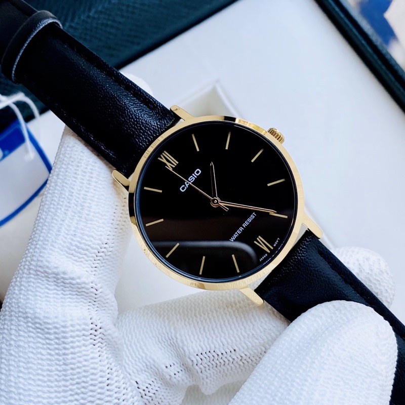 Đồng hồ Nữ Casio LTP-VT01GL-1B, đồng hồ chính hãng, dây da đen mặt đen, viền vàng