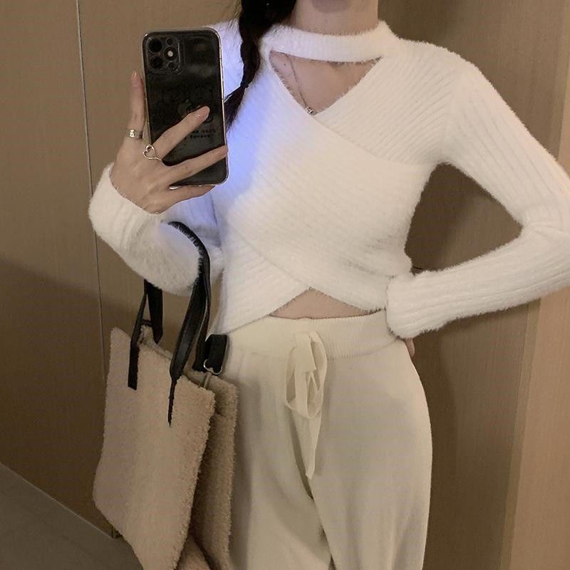 Áo Sweater Dệt Kim Phối Nhung Đan Chéo Phong Cách Mới Thời Trang Xuân Thu Cho Nữ