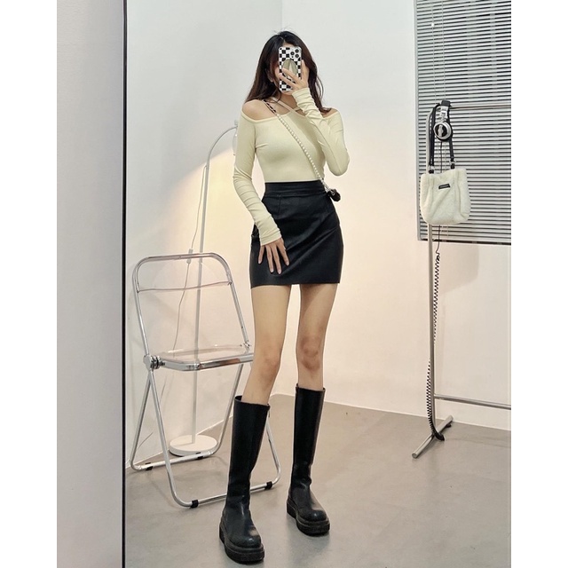 Áo croptop nữ tay dài HHVINTAGE kiểu yếm khoét vai thun co giãn Top A29