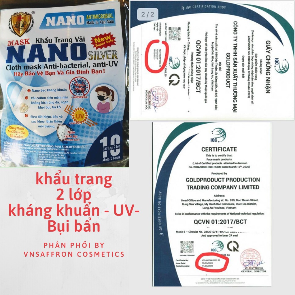 [10 cái] Khẩu trang vải kháng khuẩn 2 LỚP NANO SLIVER cao cấp giấy tờ kiểm định kèm theo đầy đủ tái sử dụng 30 lần giặt